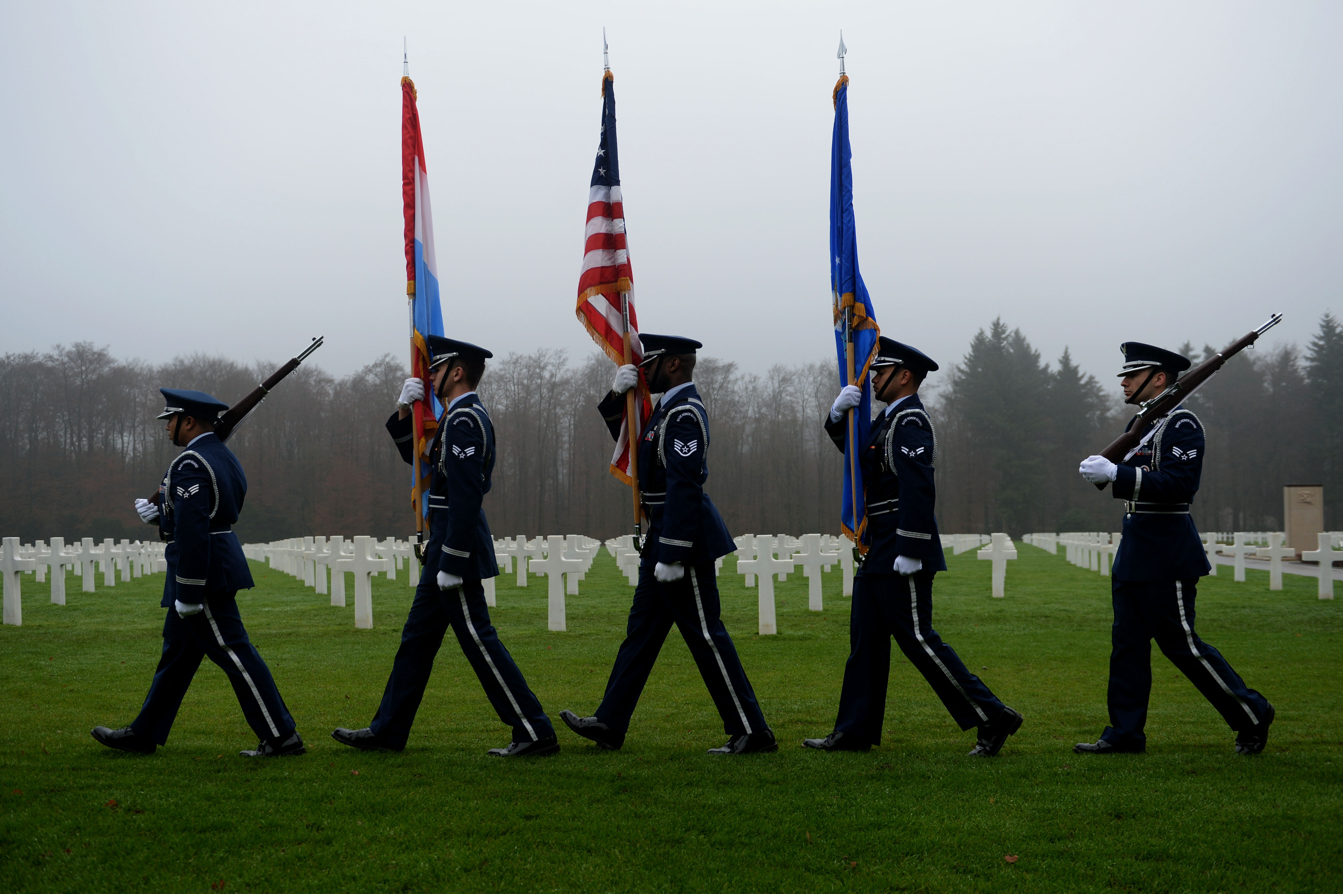 A U.S. Air Force Honor Guard marches during the ceremony. 