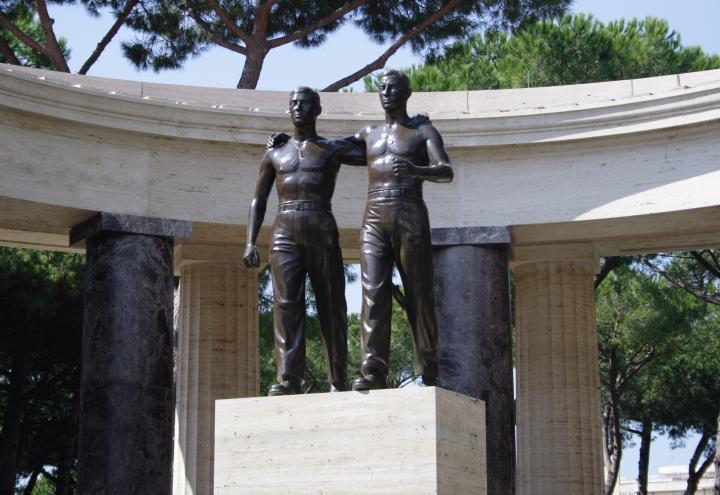 Bronze statue of two brothers in arms is located at Sicily-Rome American Cemetery.