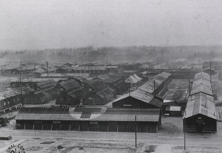 This historic photos shows a grouping of one story buildings that constituted Base Hospital No. 4. 