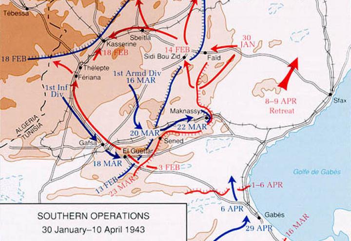 Battle map shows lines of American, British and German troop movement. 