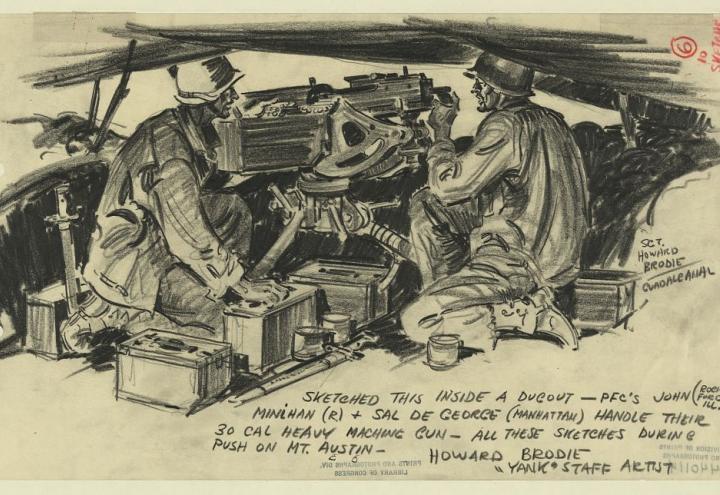 Pencil sketch shows two men firing machine guns. 