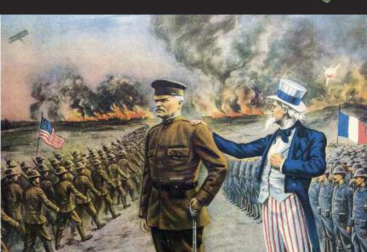Cover includes the title and an artistic rendering of Gen. Pershing with Uncle Sam, and on both sides the men are flanked by troops. 