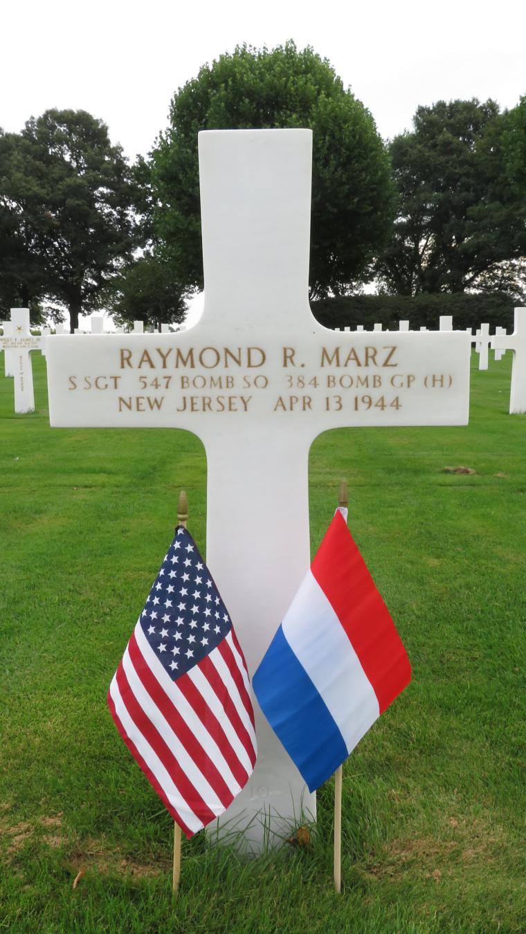 Photograph of Staff Sergeant Raymond R. Marz headstone at Netherlands American Cemetery