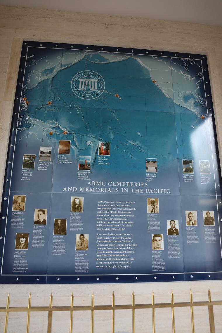 A porcelain orientation map is in a pavilion at the Honolulu Memorial.