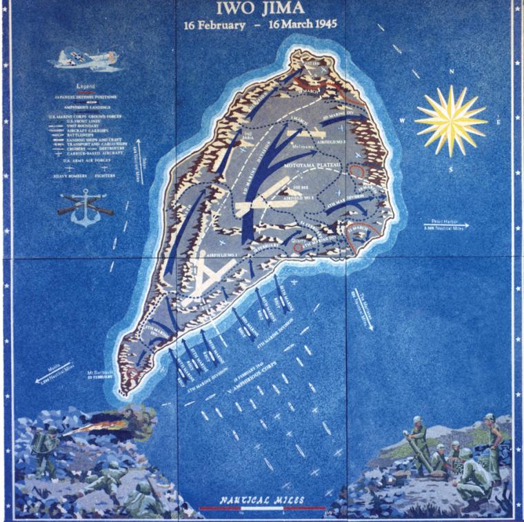 A battle map showing troop movement near Iwo Jima is at the Honolulu Memorial.