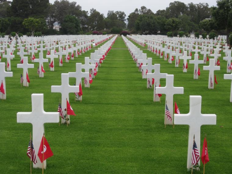 American and Tunisian flags at the base of every headstone in the cemetery. 