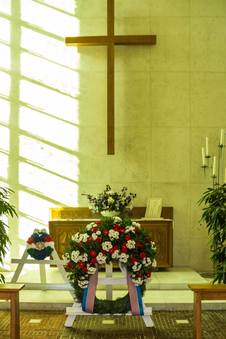 Floral wreaths in the chapel.