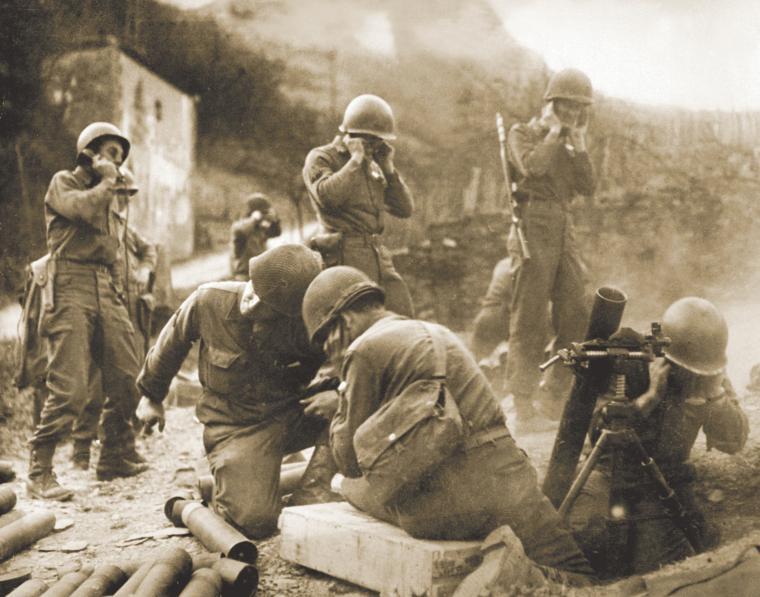 Soldiers preparing to cross the Rhine during World War II.