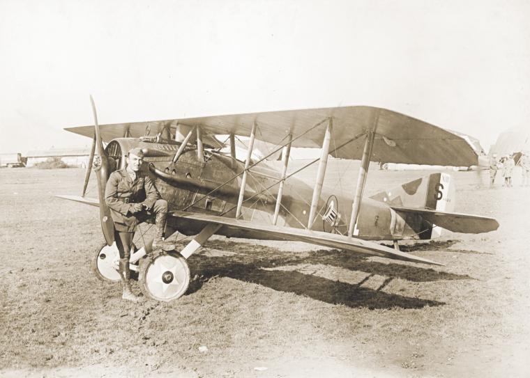 1st Lt. E.V. Rickenbacker, 94th 'Hat in the Ring' Aero Squadron, with his plane.