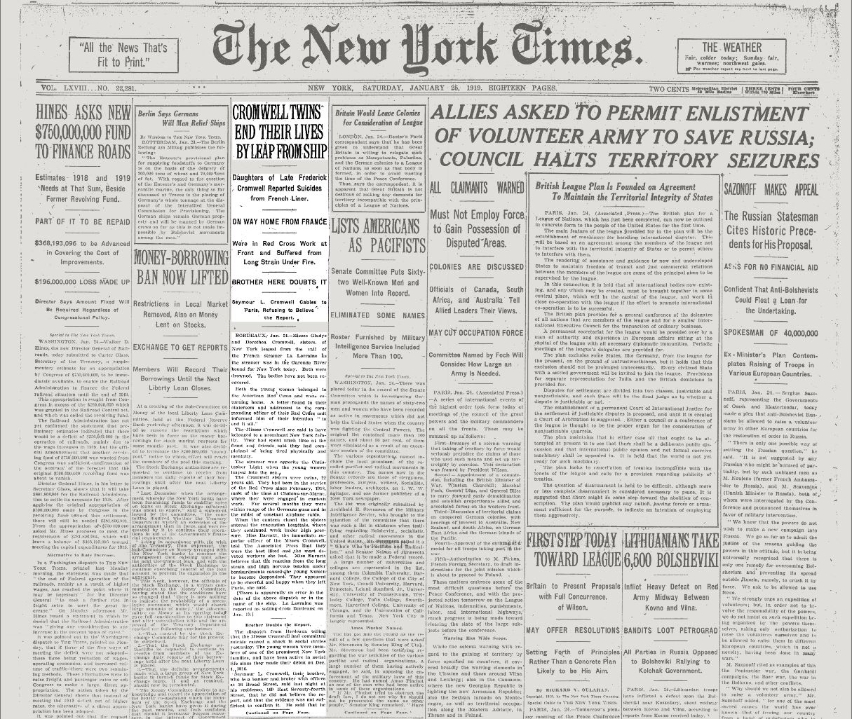 New York Times cover from Jan. 25, 1919
