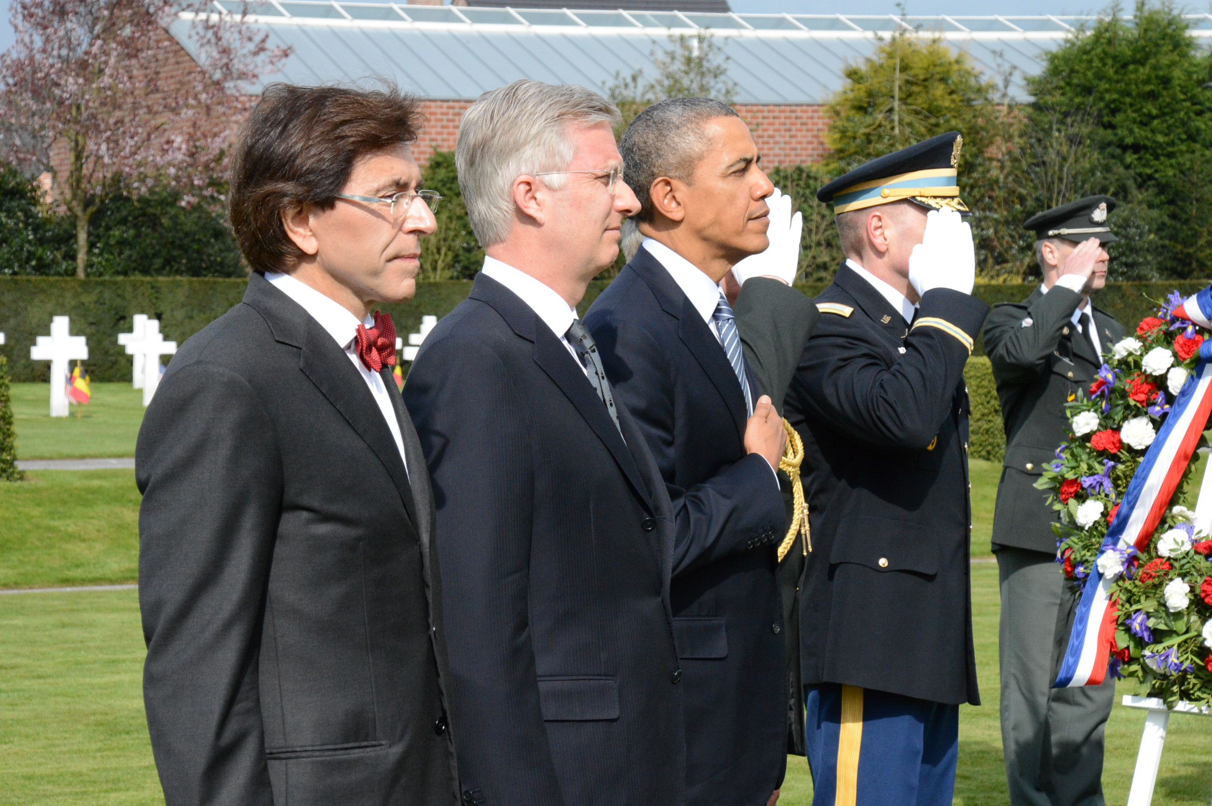 His Majesty the King of Belgium, President Barack Obama and Prime Minister of Belgium, Elio Di Rupo at a ceremony at Flanders Field American Cemetery in 2014. Credits: U.S. Embassy photographer Serge Vandendriessche