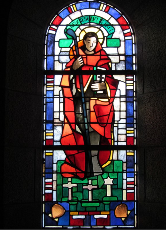 Stained-glass representing Saint James with the scallop shells, symbol of Santiago de Compostello. Credits: American Battle Monuments Commission