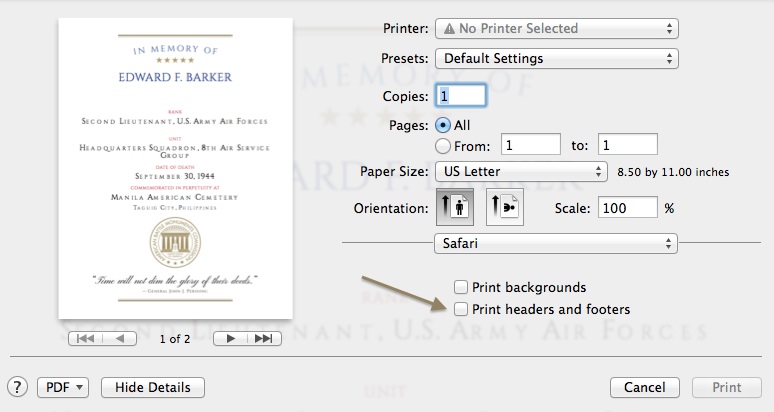 Safari screenshot showing print options