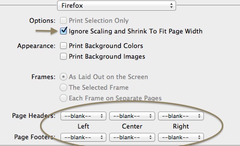 Firefox screenshot showing options for page headers and footers