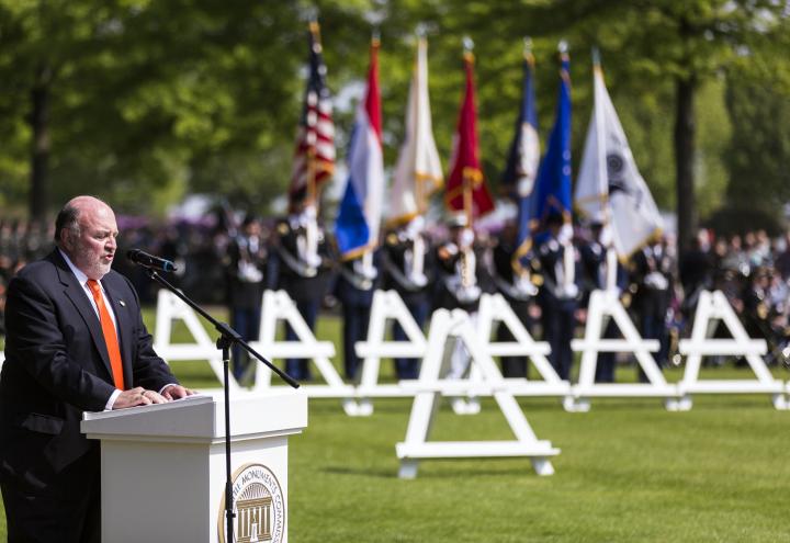 Arthur Chotin delivers remarks during the ceremony at Netherlands American Cemetery.
