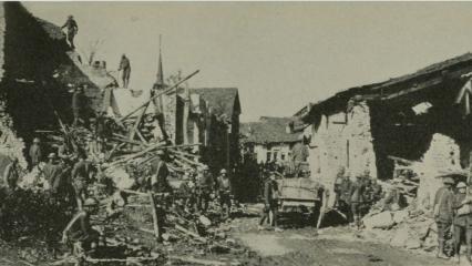 Historic image showing the destroyed town of Romange, France. 