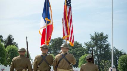 Soldiers dressed as doughboys serve as the Honor Guard during the ceremony. 