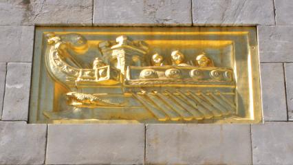 Detail of gilded ship at the Naval Monument at Gibraltar.