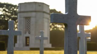 Chapel and headstones at Flanders Field American Cemetery, Belgium