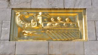 Detail of gilded ship at the Naval Monument at Gibraltar.
