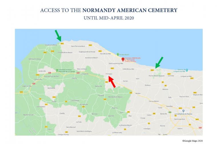 Map to access Normandy American Cemetery (March-April 2020)