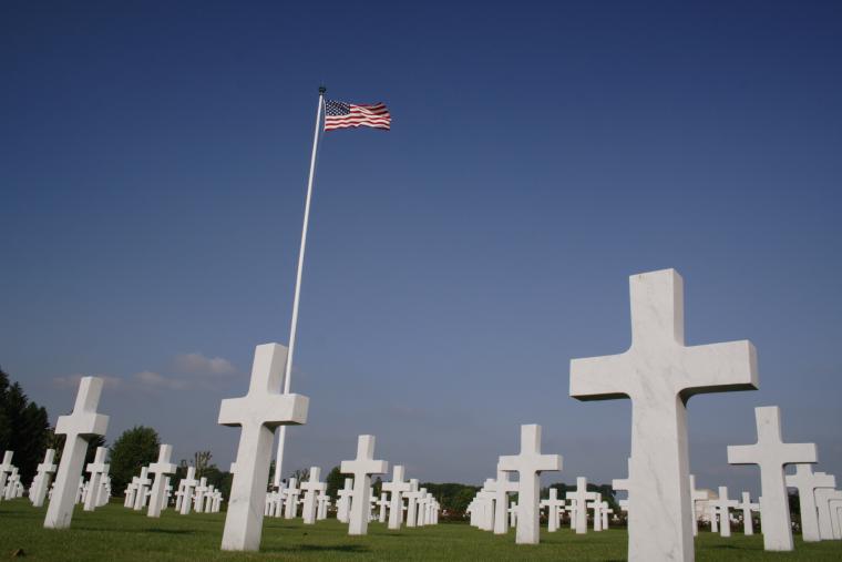 Headstones and American flag, Somme American Cemetery.