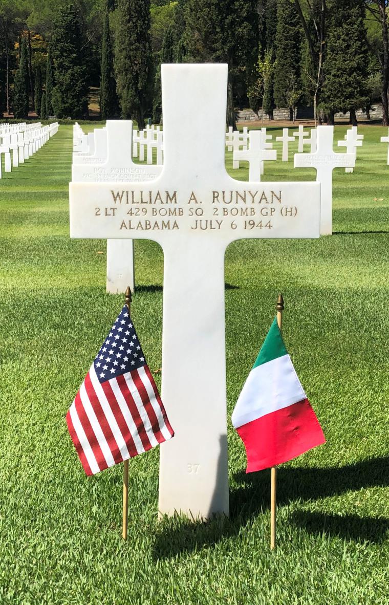 Photograph of Second Lieutenant William A. Runyan’s headstone at Florence American Cemetery