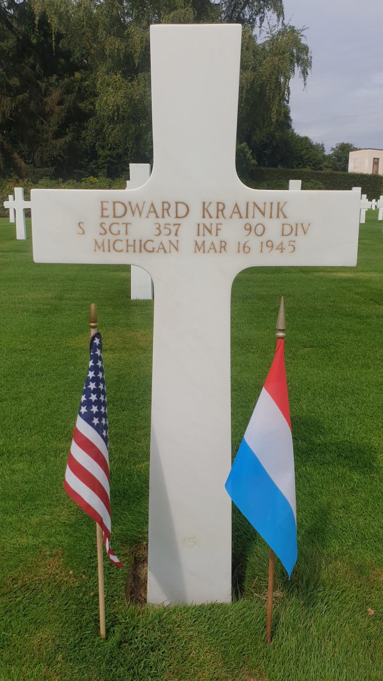 Photograph of Staff Sergeant Edward Krainik’s headstone at Luxembourg American Cemetery