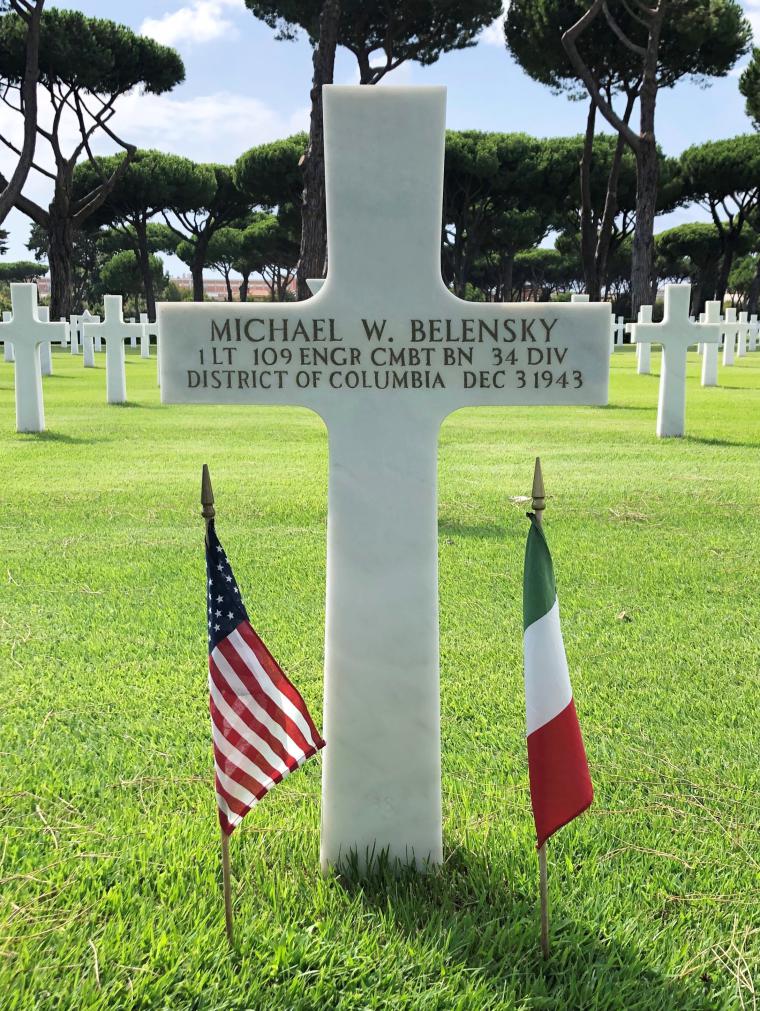 Photograph of First Lieutenant Michael W. Belensky’s headstone at Sicily-Rome American Cemetery