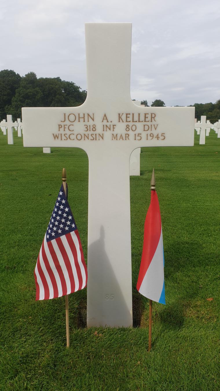 Photograph of Private First Class John A. Keller’s headstone at Luxembourg American Cemetery