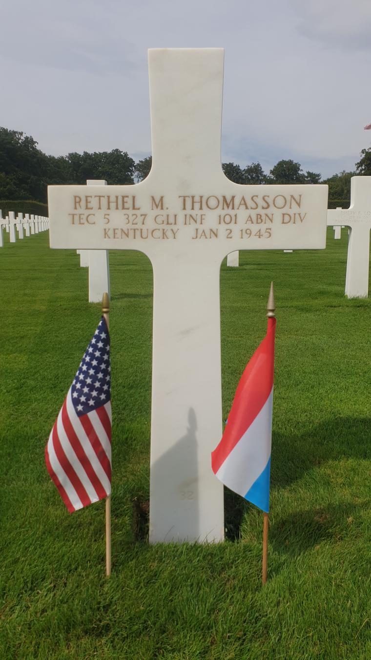 Photograph of Technician Fifth Grade Rethel M. Thomasson’s headstone at Luxembourg American Cemetery