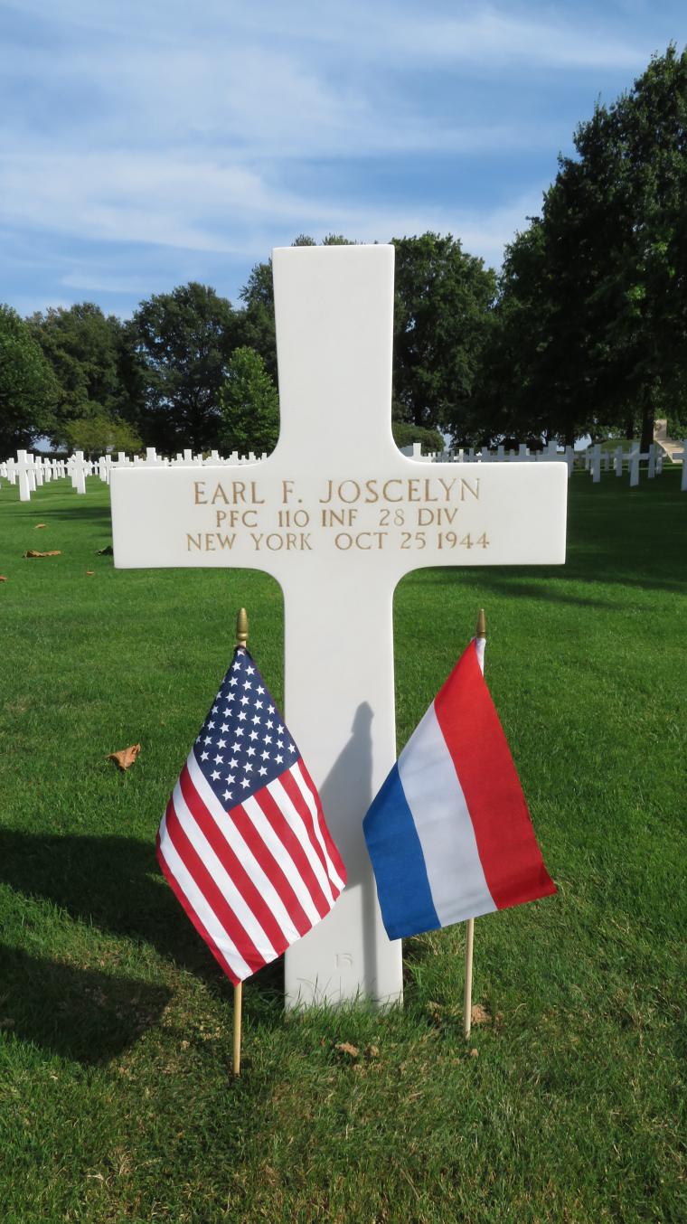 Photograph of Private First Class Earl F. Joscelyn's headstone at Netherlands American Cemetery