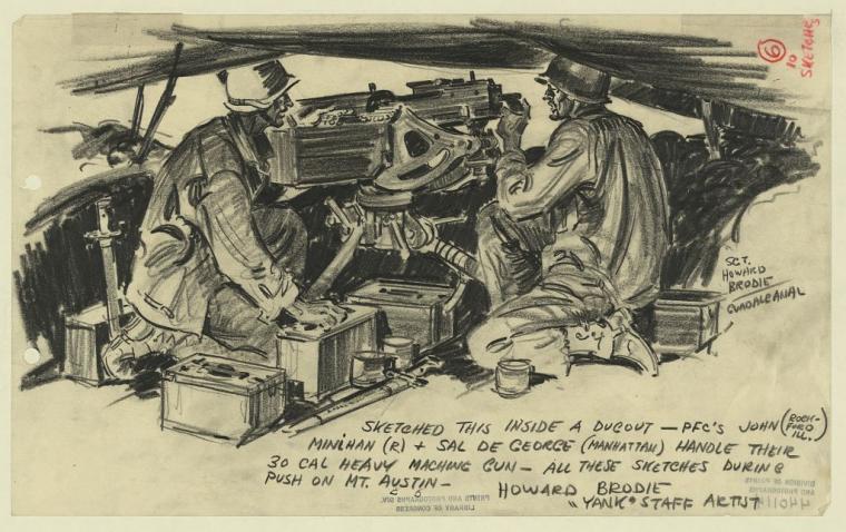 Pencil sketch shows two men firing machine guns. 