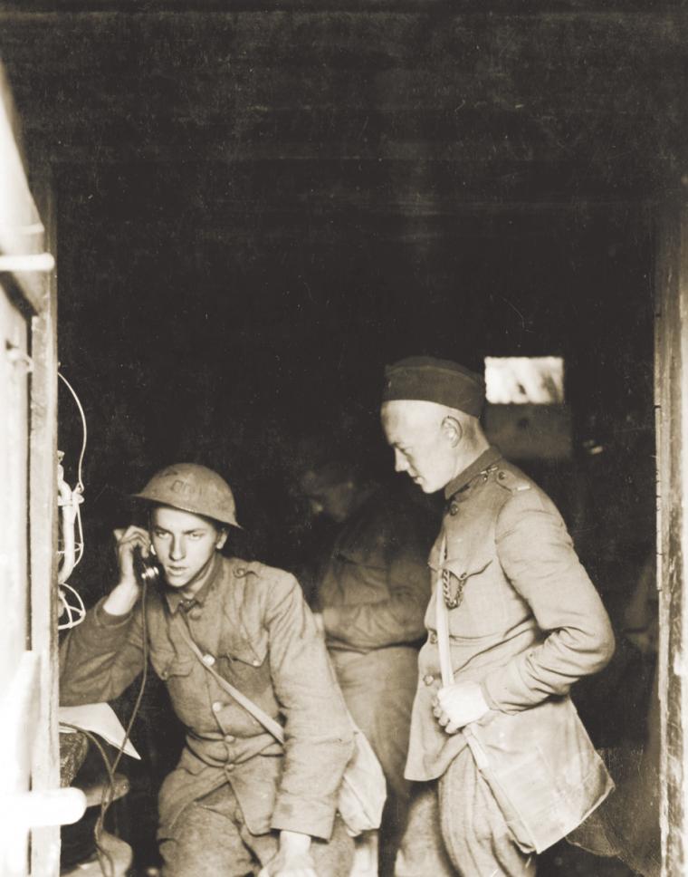 Phoning to the guns. Battery B, 21st Artillery near Thiaucourt, France. September 24, 1918.
