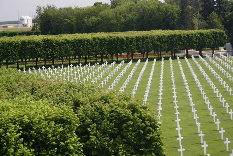 Headstones in a row at St. Mihiel American Cemetery.
