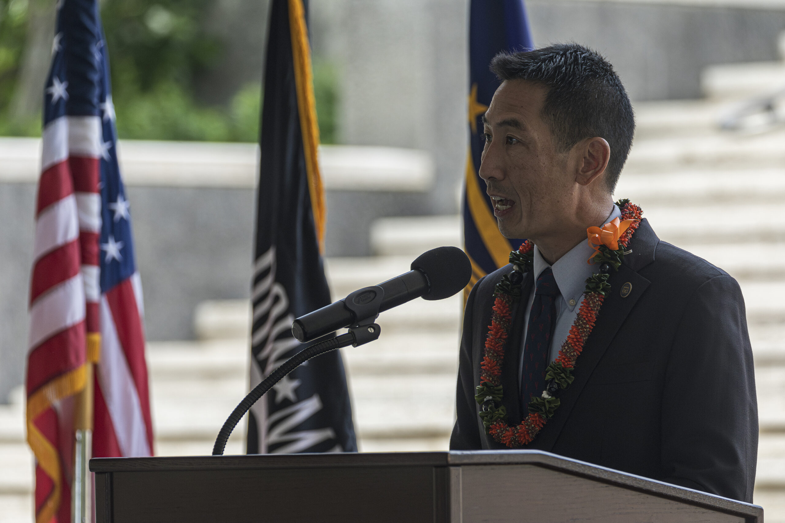 Picture of ABMC Secretary Charles K. Djou delivering remarks at the rosette ceremony on Sept. 20, 2024, at the Honolulu Memorial. Credits: American Battle Monuments Commission Picture of ABMC Secretary Charles K. Djou delivering remarks at the rosette ceremony on Sept. 20, 2024, at the Honolulu Memorial. Credits: American Battle Monuments Commission