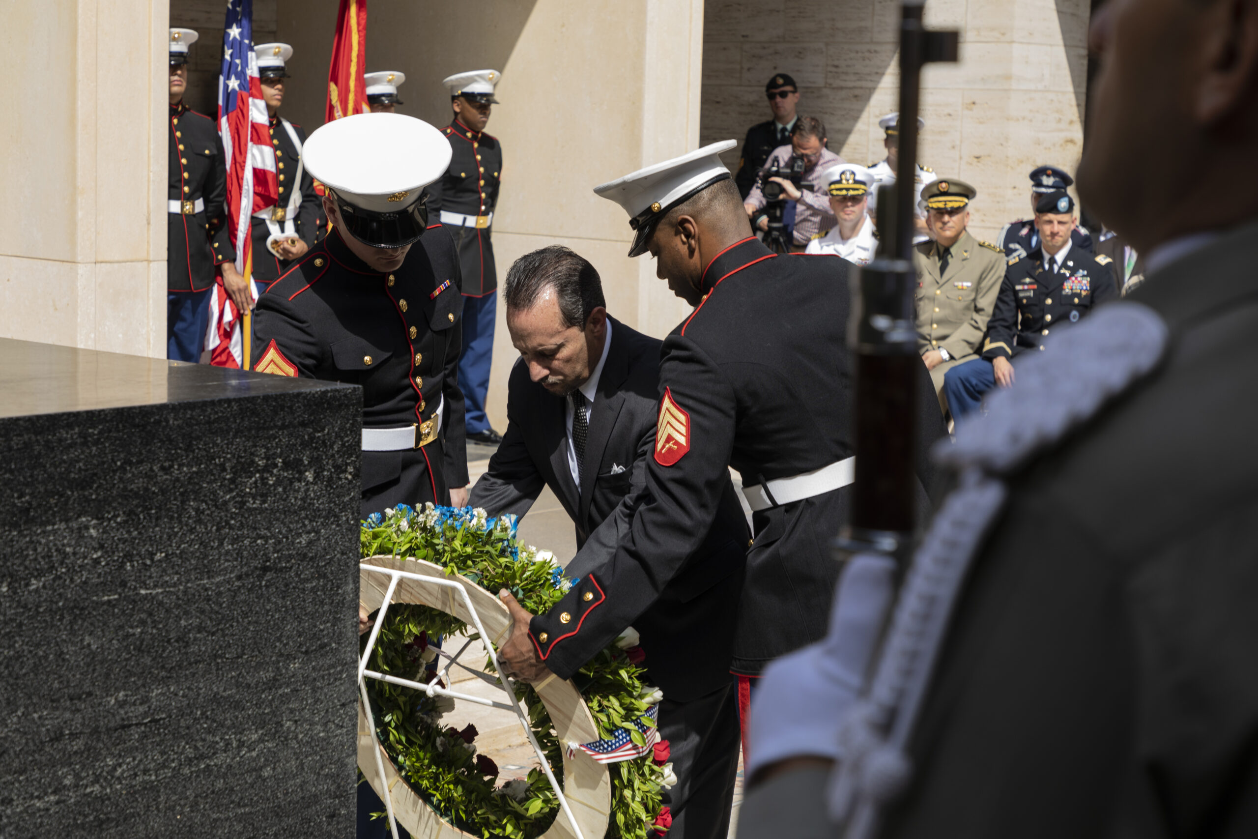 U.S. Ambassador to Tunisia Daniel Rubinstein lays a wreath during the 2018 Memorial Day Ceremony at North Africa American Cemetery.