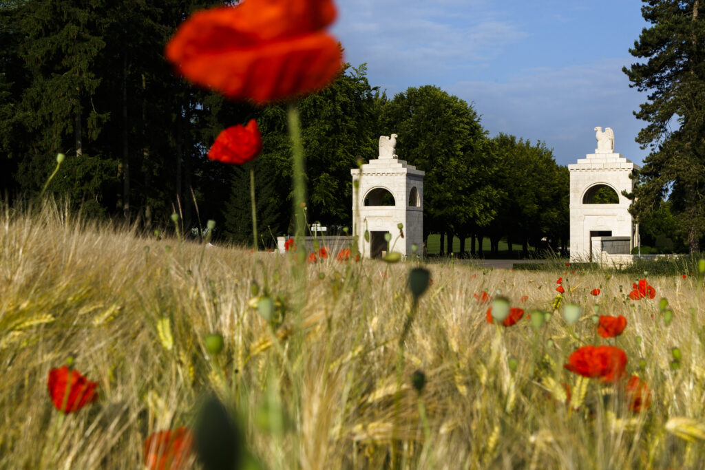 Just outside the entrance to Meuse-Argonne American Cemetery the French countryside includes fields with poppies.
