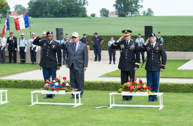Members of the official party laid wreaths during the ceremony at Somme American Cemetery. Photo credit: Chantal Mistral-Bernard/American Battle Monuments Commission.