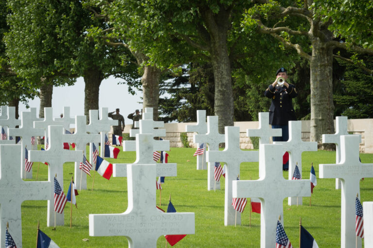 American and French flags were placed at every headstone at Somme American Cemetery. Photo credit: Chantal Mistral-Bernard/American Battle Monuments Commission.