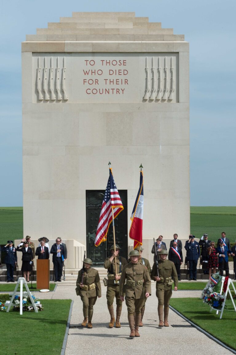 Members of an American Honor Guard dressed as Doughboys for the ceremony at Somme American Cemetery. Photo credit: Chantal Mistral-Bernard/American Battle Monuments Commission.
