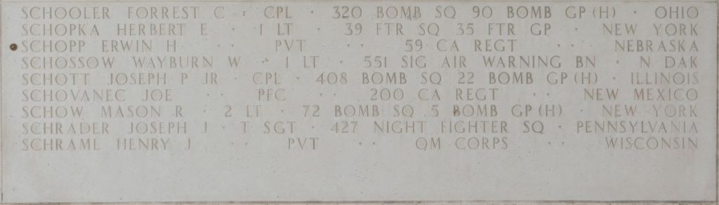 Pvt. Erwin H. Schopp memorialized on the Walls of the Missing at Manila American Cemetery.