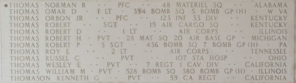 Pfc. Norman R. Thomas memorialized on the Walls of the Missing at Manila American Cemetery.