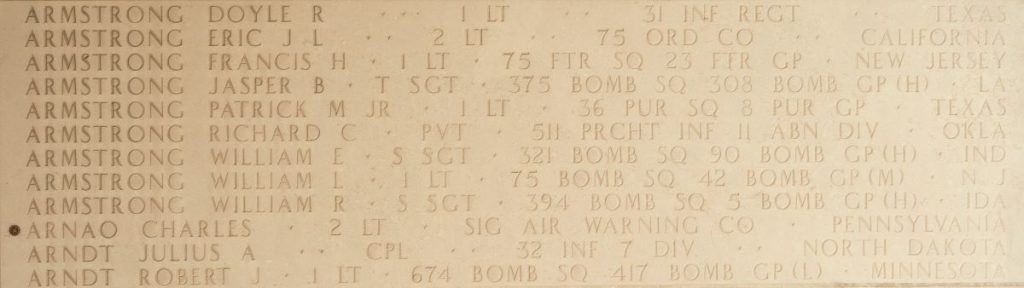Second Lt. Charles Arnao is memorialized on the Walls of the Missing at Manila American Cemetery.