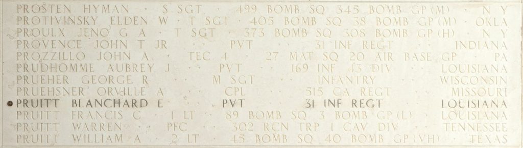 Pvt. Blanchard E. Pruitt memorialized on the Walls of the Missing at Manila American Cemetery.