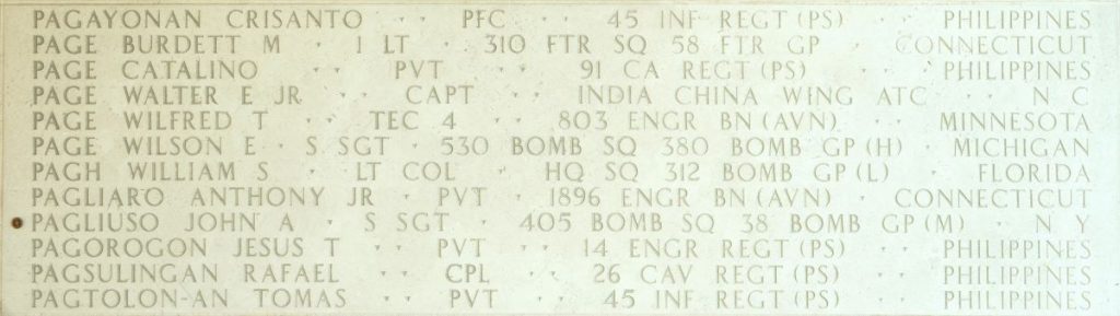 A rosette next to the name of Staff Sgt. John A. Pagliuso on the Walls of the Missing at Manila American Cemetery signifies he has been identified. (Photo: American Battle Monuments Commission)