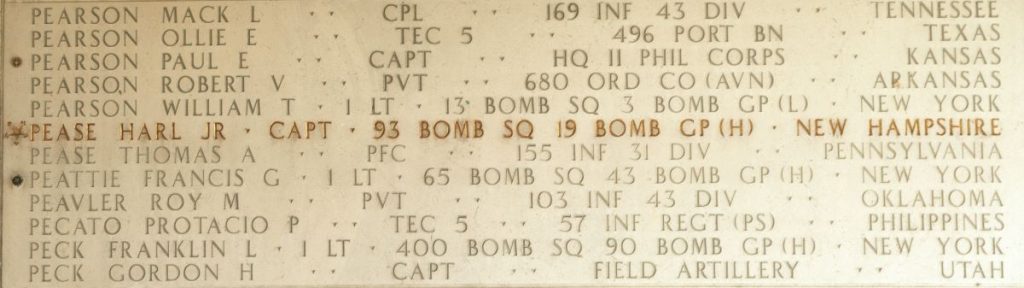 Capt. Paul E. Pearson memorialized on the Walls of the Missing at Manila American Cemetery.
