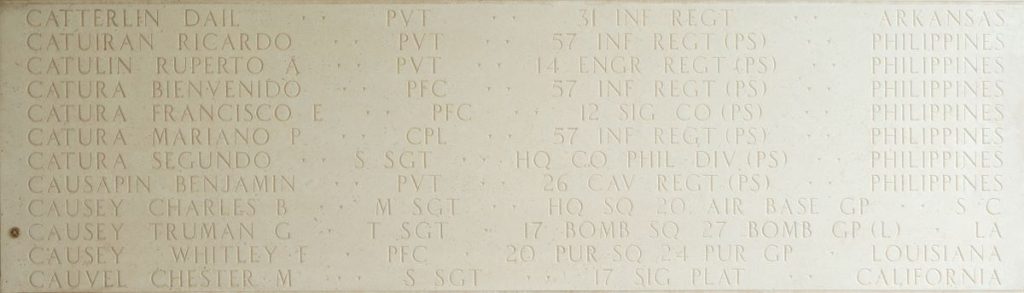 Tech. Sgt. Truman G. Causey memorialized on the Walls of the Missing at Manila American Cemetery.