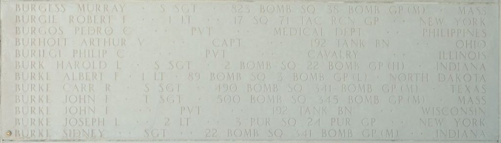 A rosette next to the name of Sgt. Sidney Burke on the Walls of the Missing at Manila American Cemetery signifies he has been identified. (Photo: American Battle Monuments Commission)