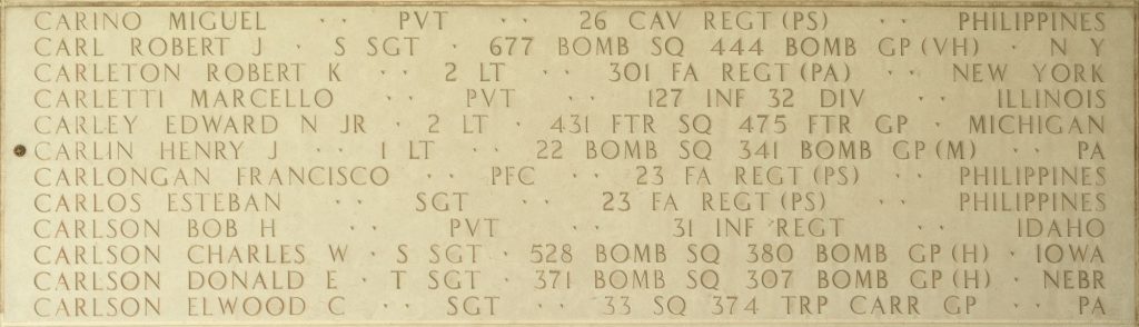 1st Lt. Henry J. Carlin memorialized on the Walls of the Missing at Manila American Cemetery.
